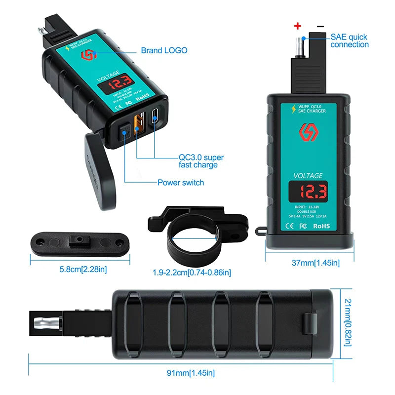 12V Waterproof Motorcycle USB & Type-C Fast Charger – SAE Adapter with Power Switch & Voltmeter