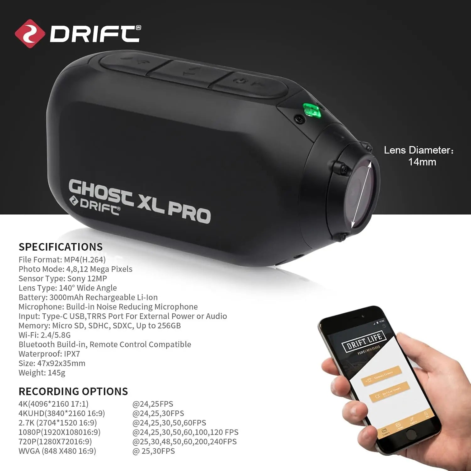 Drift Ghost XL PRO 4K WiFi IPX7 Waterproof Motorcycle Camera Helmet Cam 140° 300° Lens 3000mAh Live Stream Vlog Dash Cam Motorcycle Camera for Motorcycle Bicycle Outdoor