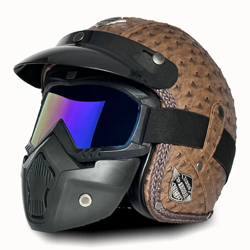 Open Face Helmets – Retro PU Leather Motorcycle Helmet, Vintage Cafe Racer Style, DOT & ECE Certified