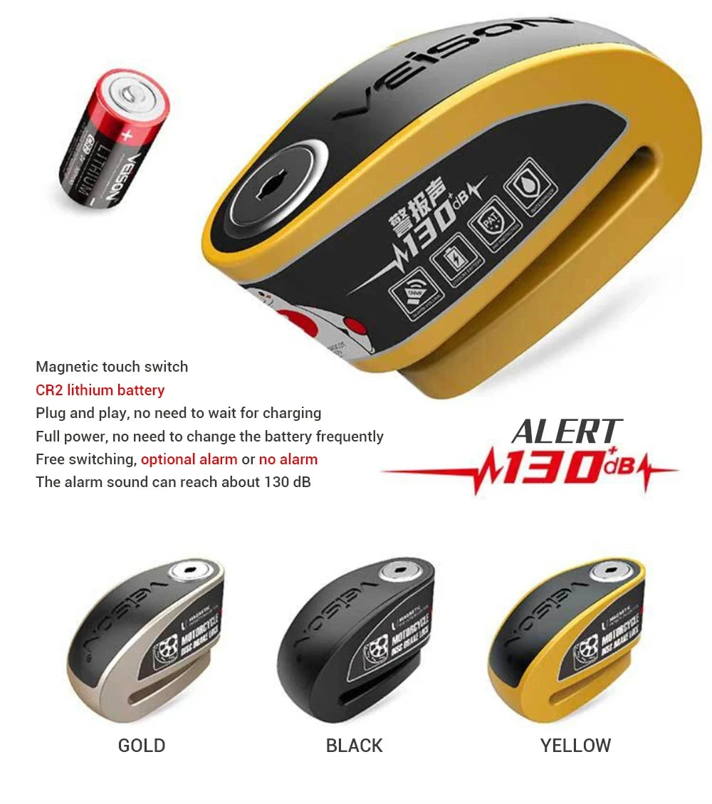 DX26 Motorcycle Waterproof Alarm Lock Bicycle Disc Lock Intelligent Controllable Alarm Disc Brake Lock Electric Car Lock – Stainless Steel – 0.5kg – Black Yellow Gold