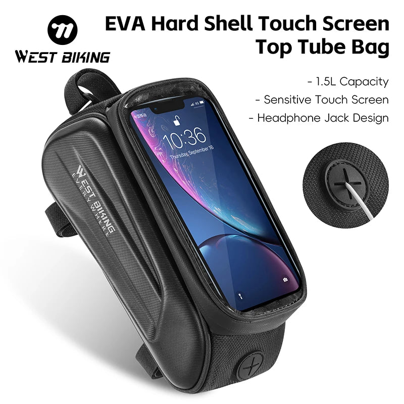 WEST BIKING 1.5L Waterproof Bike Phone Pouch – Touchscreen Top Tube Frame Bag for Up to 7" Phones