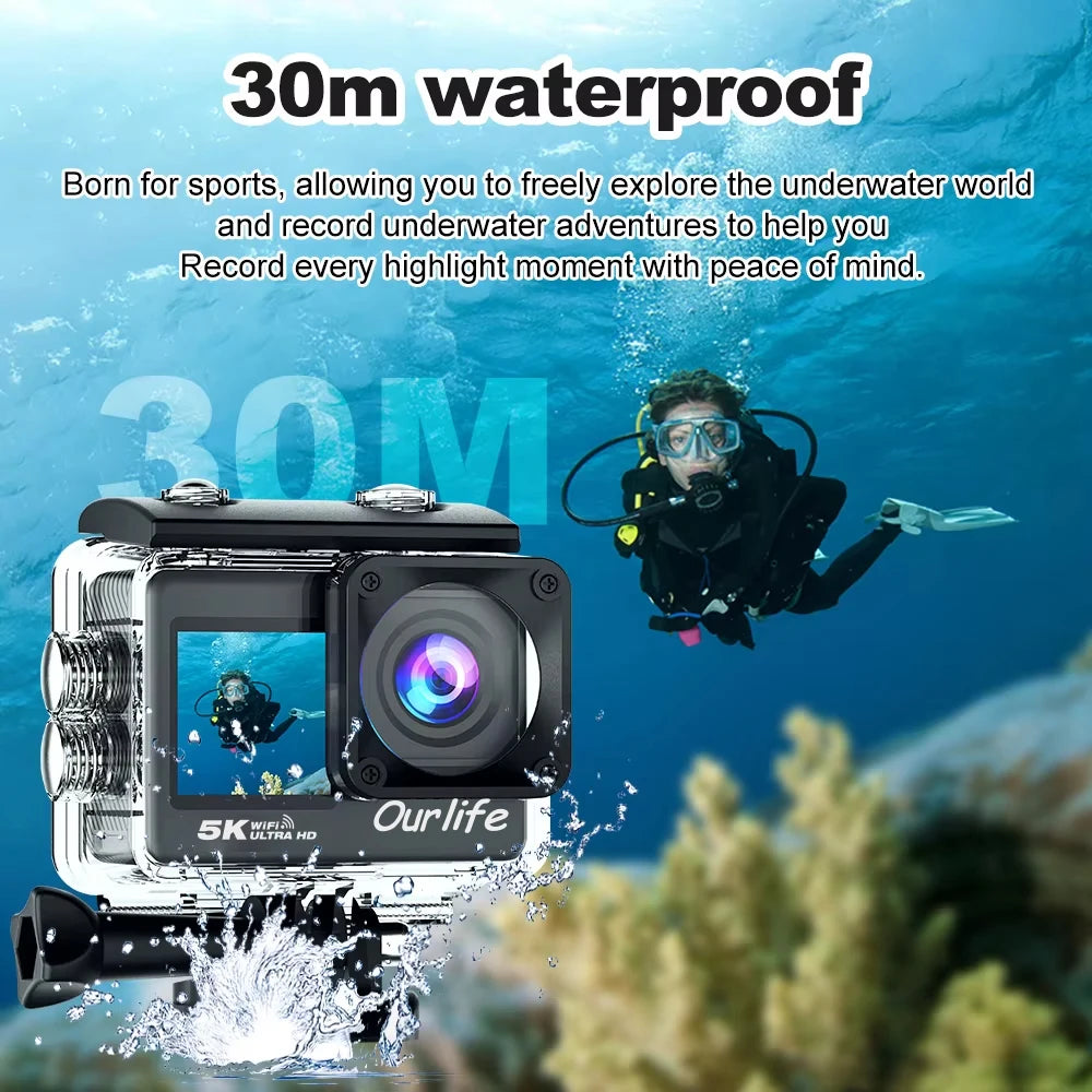 OURLIFE 5K Action Camera 4K60FPS 48MP Sony Sensor 2.0" Touch Screen WiFi EIS 170° Wide-Angle 30M Waterproof Remote Control Sports Camera for Bicycle Motorcycle Diving Outdoor