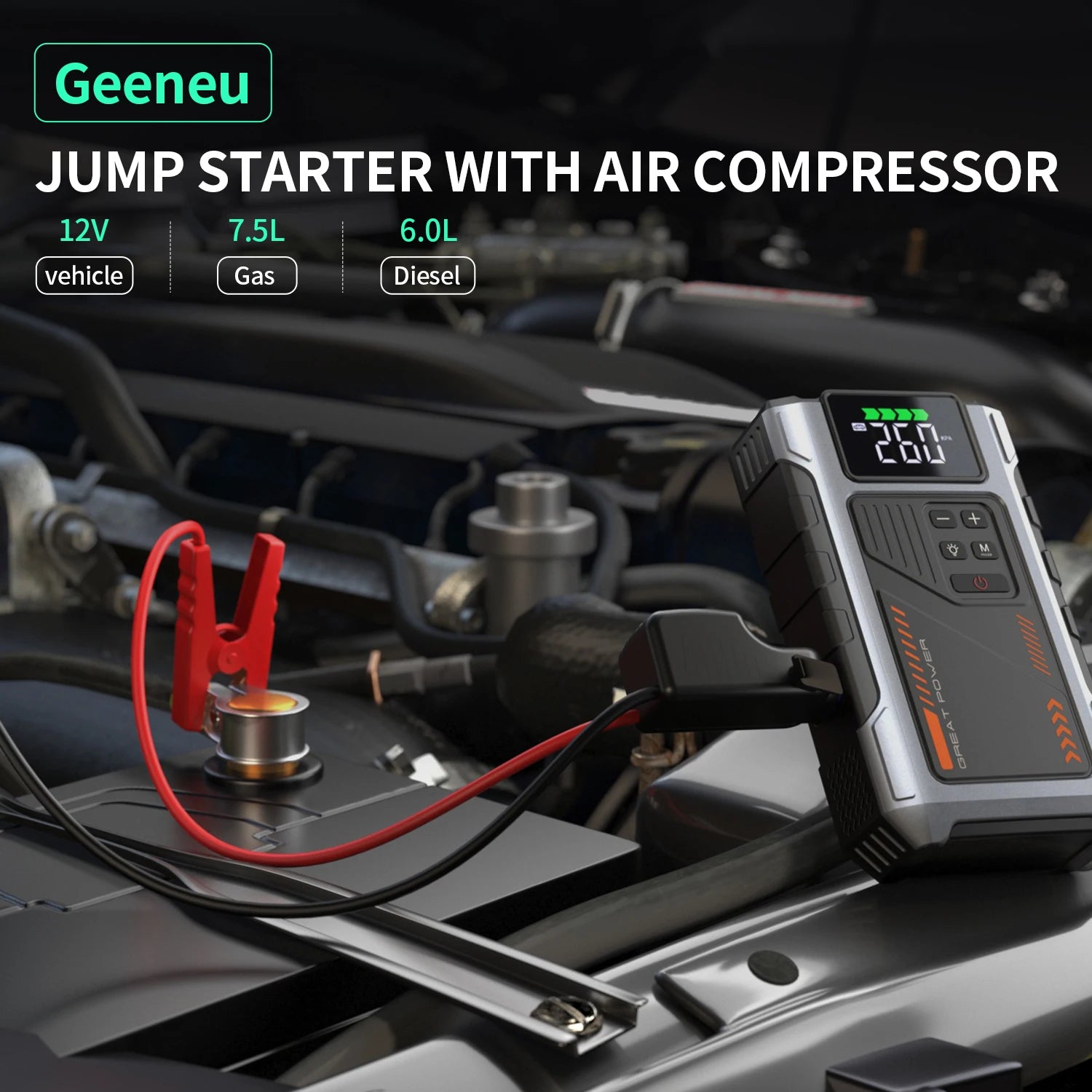 Motorcycle Jump Starter with Air Compressor 3000A Peak 150PSI Tyre Inflator Portable Battery Booster Pack with LED Light 12V