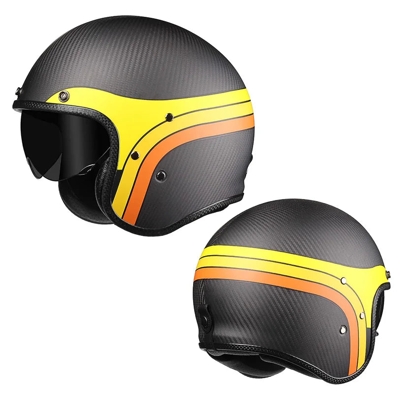 Carbon Fiber Helmets – Genuine Carbon Fiber 3/4 Open Face Motorcycle Helmet, Retro Cafe Racer with Inner Visor