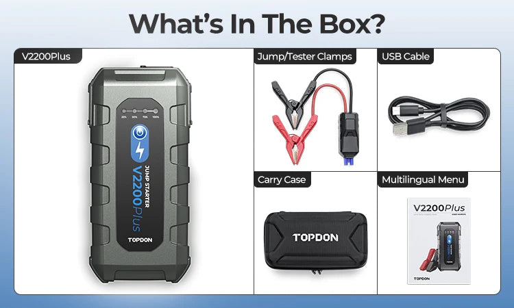 TOPDON V2200Plus 2200A Jump Starter – 2-in-1 Battery Tester & Power Bank for Cars, Trucks & Motorcycles