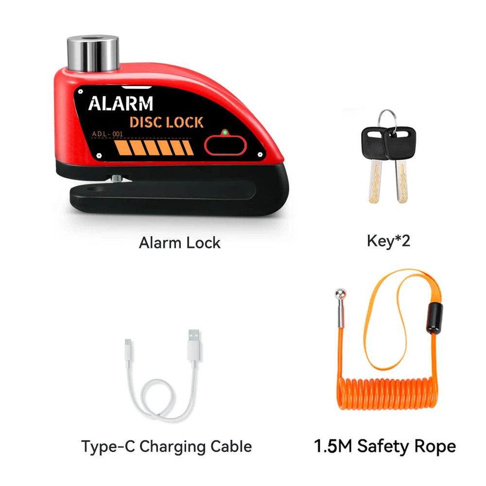 Extractme Motorcycle Alarm Disc Brake Lock 120dB Bicycle Wheel Disk Padlock Security Anti-Theft Lock Scooter – USB-C Rechargeable – 7mm – With or Without Rope – Red Black Blue Green Yellow