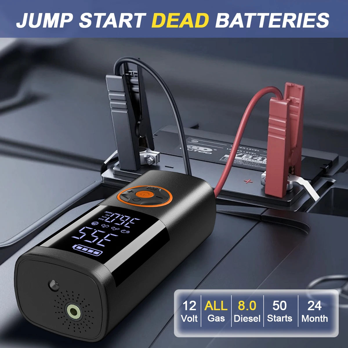SERVOMASTER 7-in-1 Portable Jump Starter with Air Compressors – Multi-Pressure Inflator, LED Flashlight & Power Bank for Car, Motorcycle & Bicycle