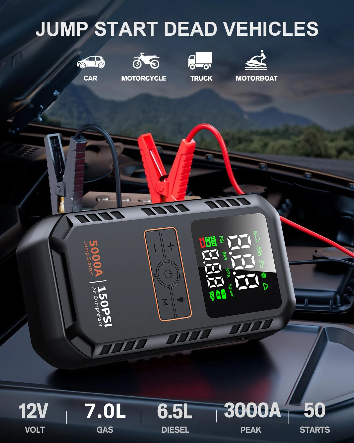 PAIVIROKU 5000A Jump Starter with Air Compressors – 150PSI Tire Inflator & Portable Battery Booster