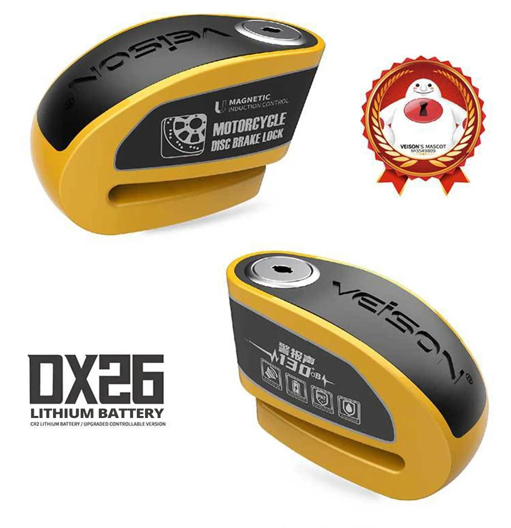 DX26 Motorcycle Waterproof Alarm Lock Bicycle Disc Lock Intelligent Controllable Alarm Disc Brake Lock Electric Car Lock – Stainless Steel – 0.5kg – Black Yellow Gold