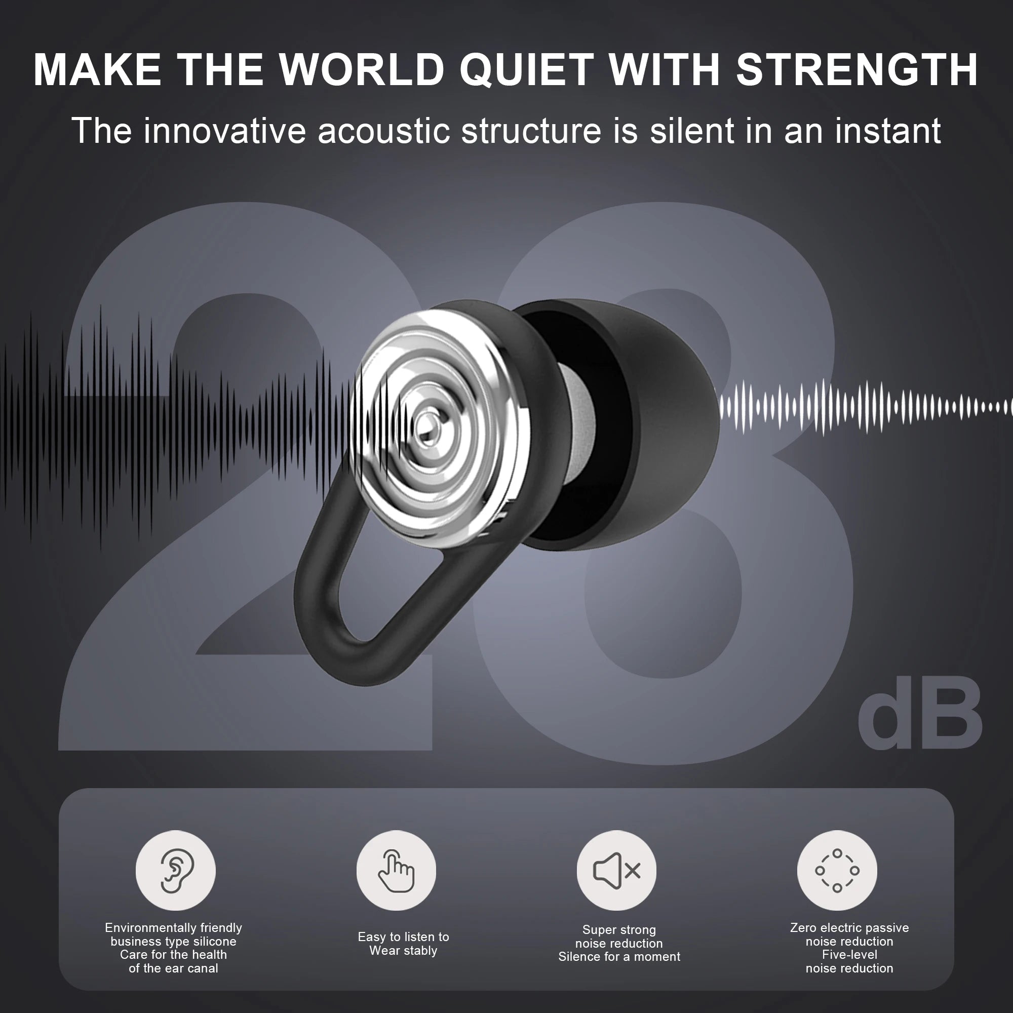 Olyga EP00 Silicone Professional Earplug Anti-Noise Ear Plugs for Work Travel Focus Learning Reduce Disturbances – 28dB – CE Certified – Reusable – Black / Gold / Silver