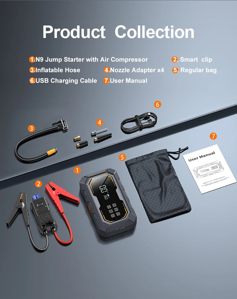 Motorcycle Jump Starter with Air Compressor 150PSI Tyre Inflator 4-in-1 Emergency Battery Booster Power Bank LED Flashlight 12V