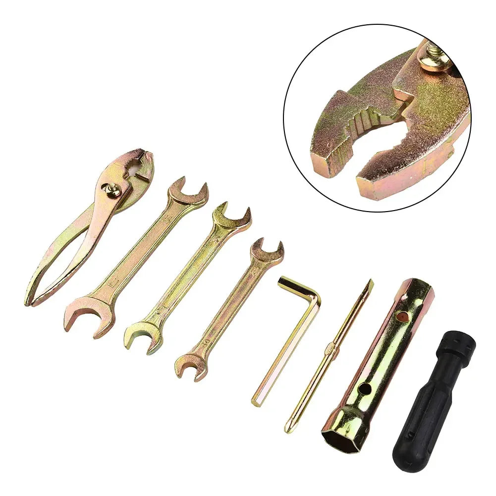 HOTSELE 7-Piece Universal Motorcycle Tool Kit – Spark Plug Socket, Spanners, Pliers & Allen Wrench – Storage Pocket – $18