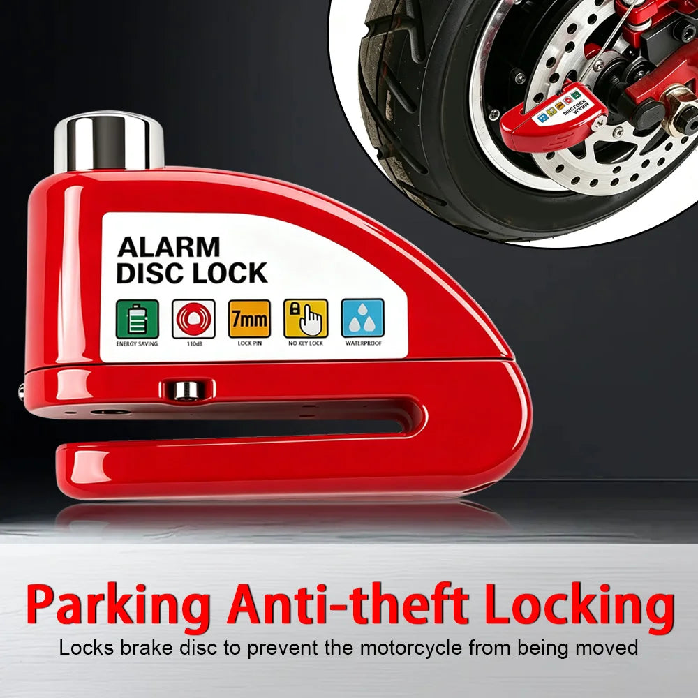 Motorcycle Bicycle Alarm Disc Lock Aluminum Alloy Anti-Theft Safety Padlock Vibration Reminder Security Protection Accessories – 110dB 7mm Hardened Steel 2 Keys Allen Wrench 7 Colors