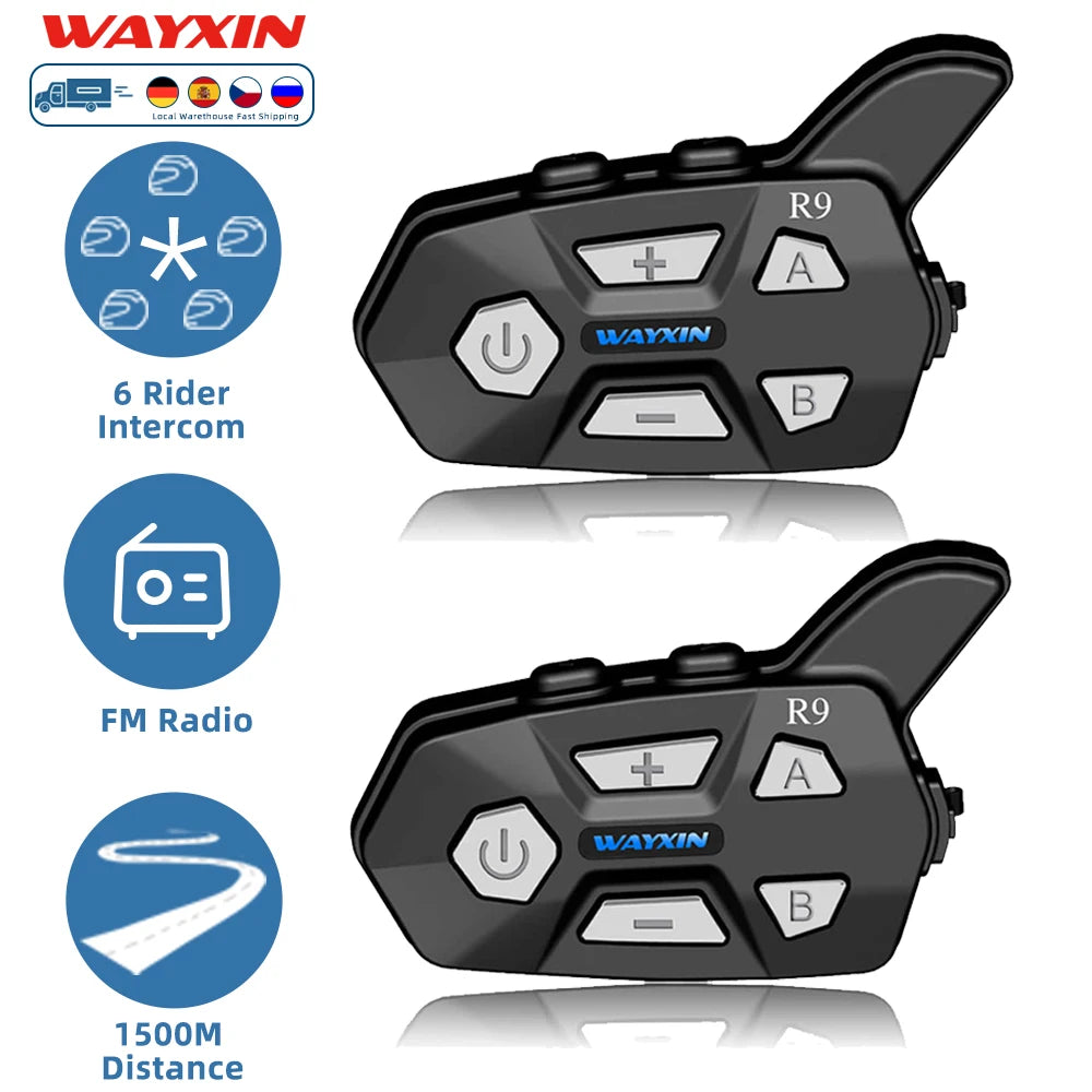 WAYXIN R9 Motorcycle Bluetooth Intercom – 6-Rider 1500m