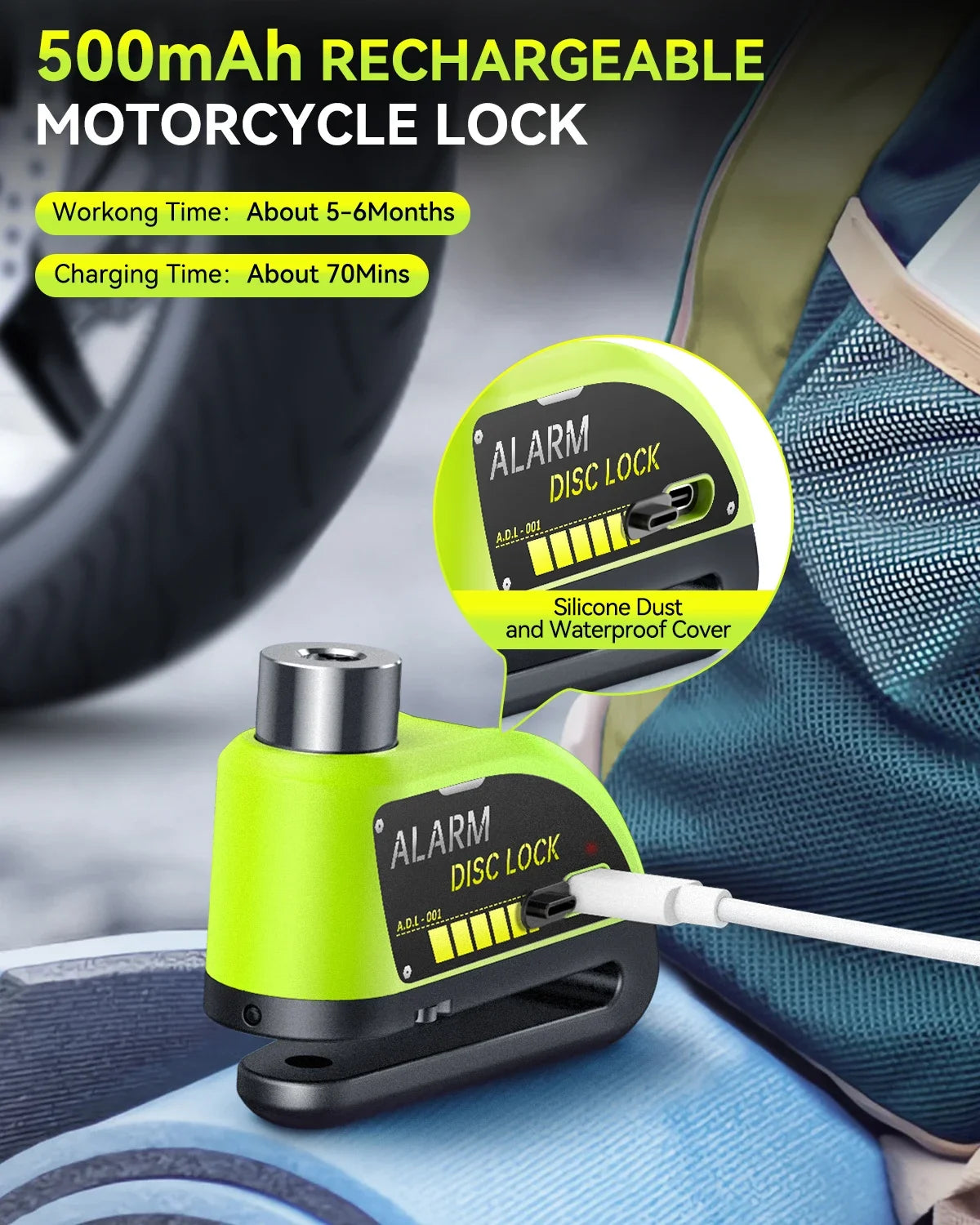 Extractme Motorcycle Alarm Disc Brake Lock Security Moto Wheel Disk Padlock Waterproof 120dB Anti-Theft – Fingerprint / Combination / Charging Style – USB-C – 7mm – With or Without Rope