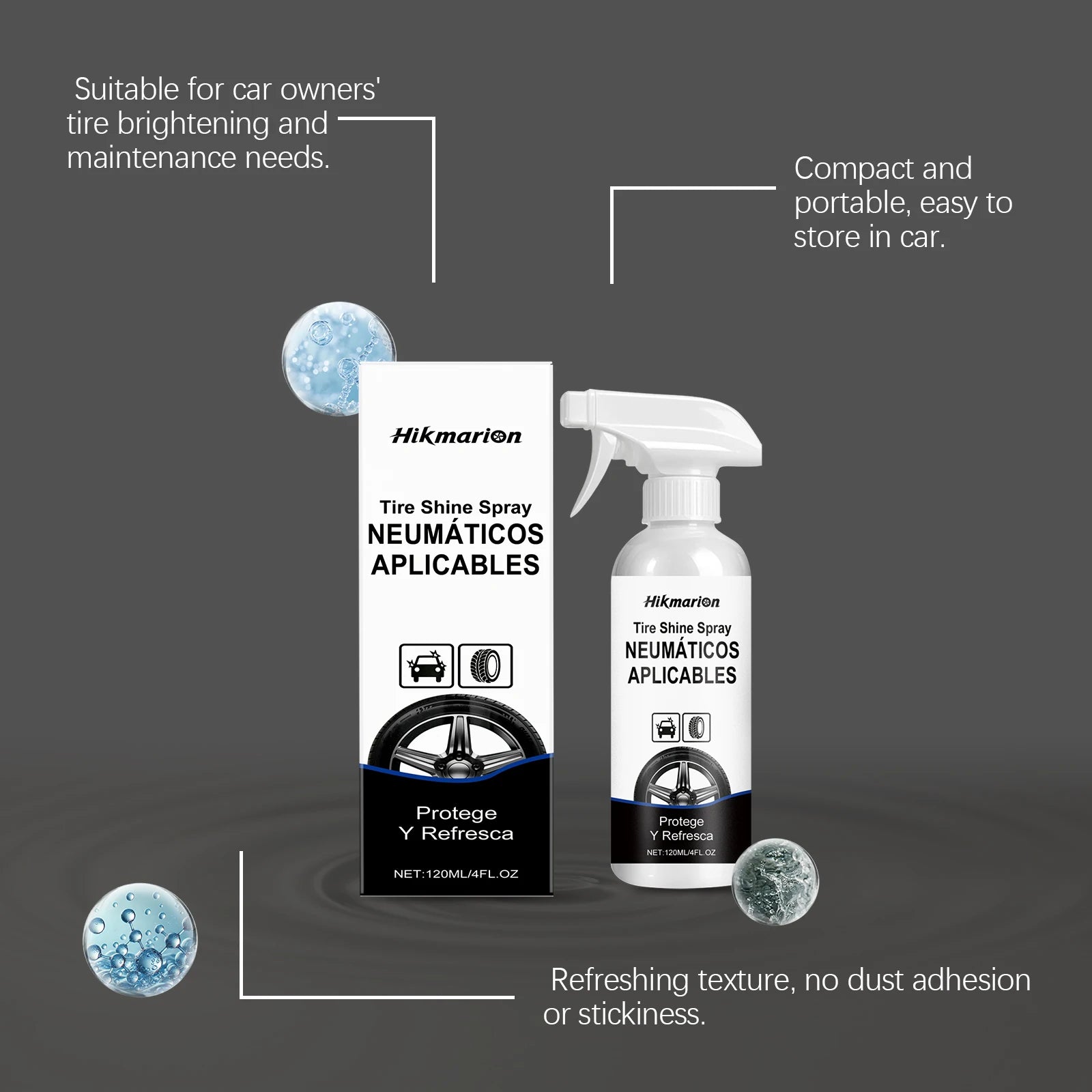 Water-Based Tire Gloss Spray 120ml – Non-Greasy UV Protection Matte to Gloss Finish for Black Tires – 1–10 Bottles – $16–76