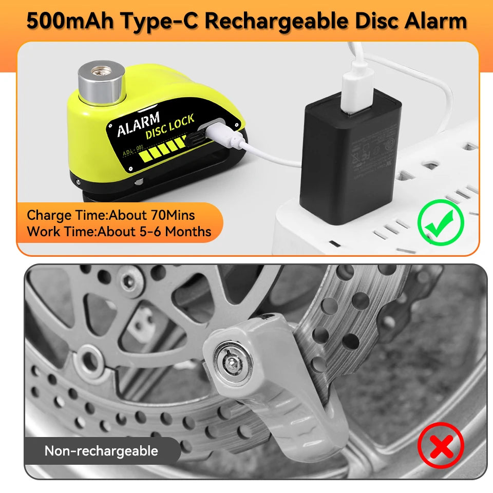 Extractme Motorcycle Alarm Disc Brake Lock 120dB Bicycle Wheel Disk Padlock Security Anti-Theft Lock Scooter – USB-C Rechargeable – 7mm – With or Without Rope – Red Black Blue Green Yellow