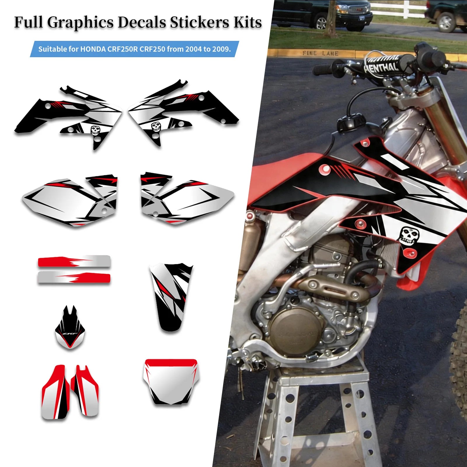Honda CRF250R 2004–2009 Motorcycle Graphic Background Decal Sticker Kit – 12 Designs – 29mil / 35mil Glossy or 31mil 3D – Ships from USA – $72–$78