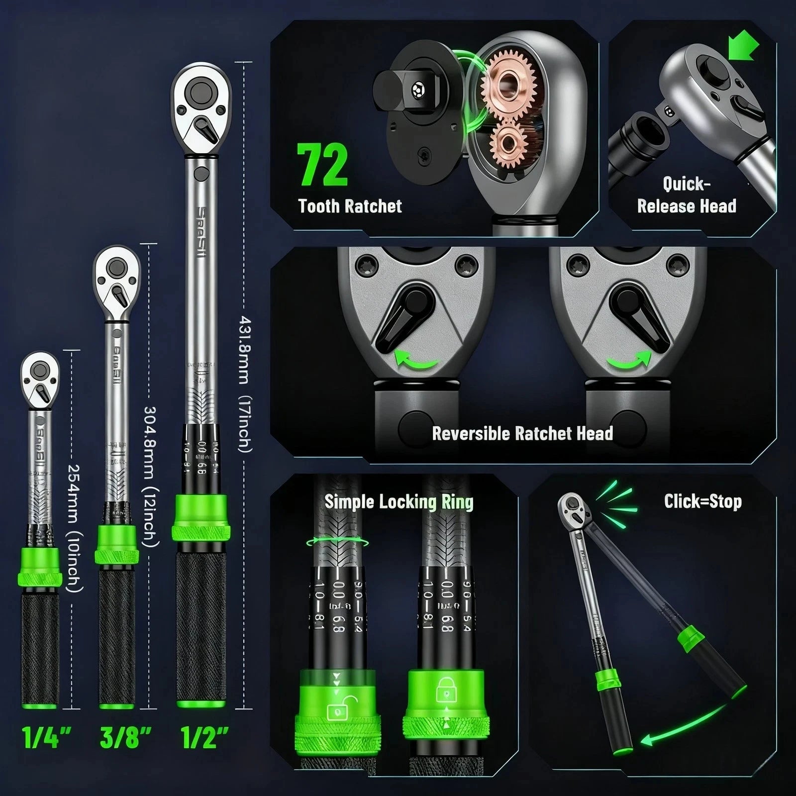 TaskStar 8-in-1 Click Torque Wrench Set – 1/4” + 3/8” + 1/2” – 72-Tooth – ±3% Accuracy – 5 Adapters + Case – $108