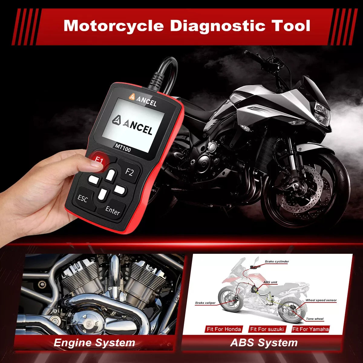 ANCEL MT100 Motorcycle OBD2 Scanner – Engine + ABS System – Yamaha Honda Suzuki – Wired Handheld – 2-Year Warranty – $138