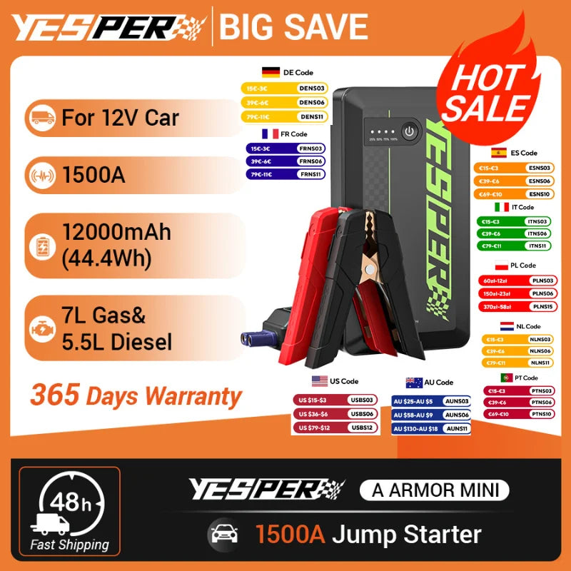 YESPER A-Armor-MINI 1500A Jump Starter – Ultra-Compact 12V Battery Booster & USB Power Bank