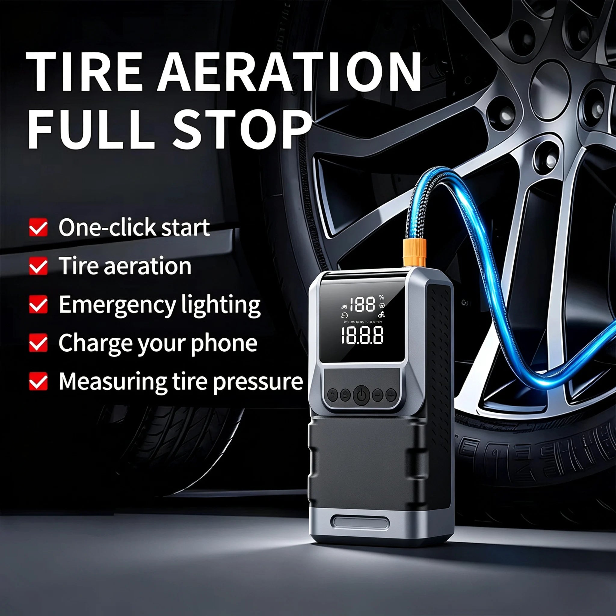 Rscrola CQS03 Motorcycle & Bike Jump Starter 5000A with 150PSI Air Compressor Auto Tyre Inflator Large LCD Display LED Light 12V