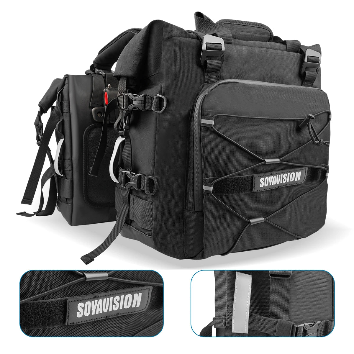 SOYAVISION Motorcycle Saddlebag Waterproof Side Bag 20L 500D Polyester Travel Motorbike Luggage Rear Seat Bag for BMW R1200GS ADV Kawasaki Yamaha Honda Suzuki – Black (1PC / 2PC)