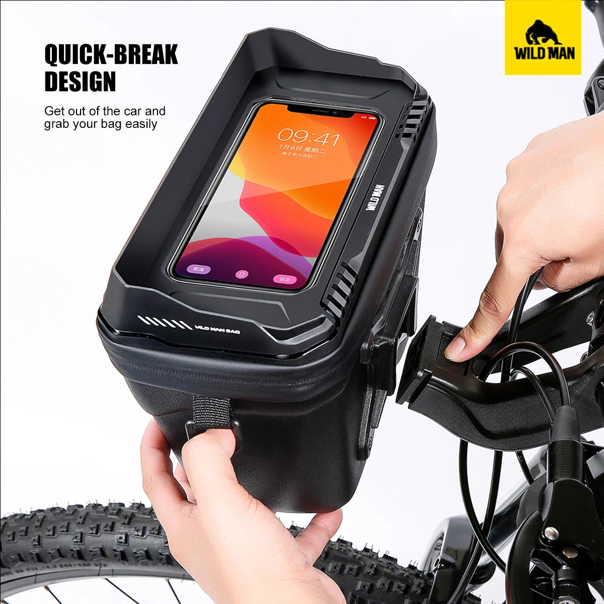 WILD MAN Waterproof Bike Phone Pouch – Touchscreen EVA Hard Shell Handlebar Bag for Bicycles & Electric Scooters