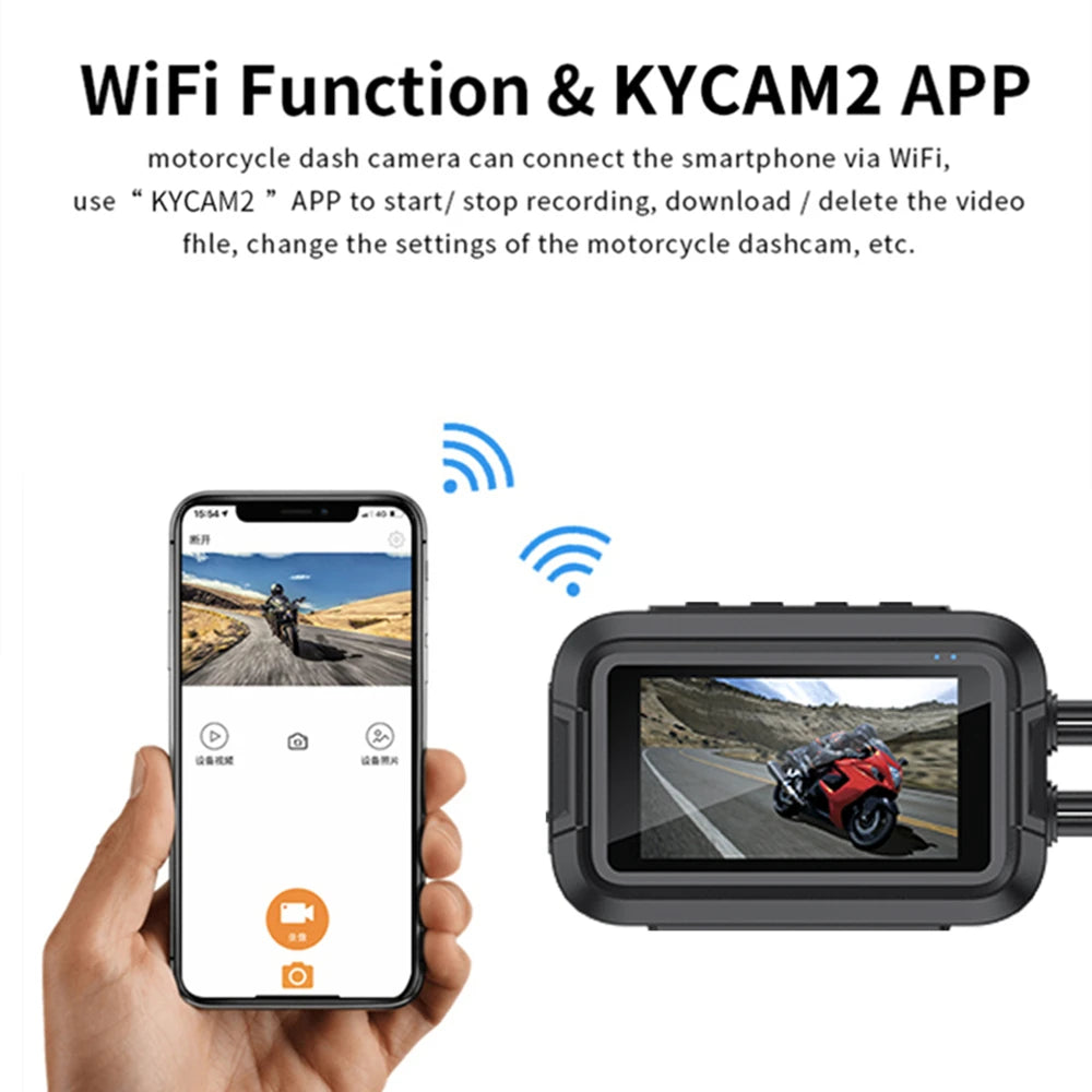 Kocam Dual 1080P Motorcycle Dash Cam IP66 Waterproof 3" IPS WiFi GPS Front Rear Motorcycle Camera DVR Black Box G-Sensor Super Capacitor Remote Control