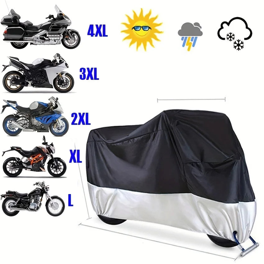 Waterproof Motorcycle Cover All Season Dustproof UV Protective Outdoor Indoor Scooter 190T Wear-Resistant Fabric Motorbike Cover – Polyester Taffeta PU Silver Coating Elasticized Hem M-4XL