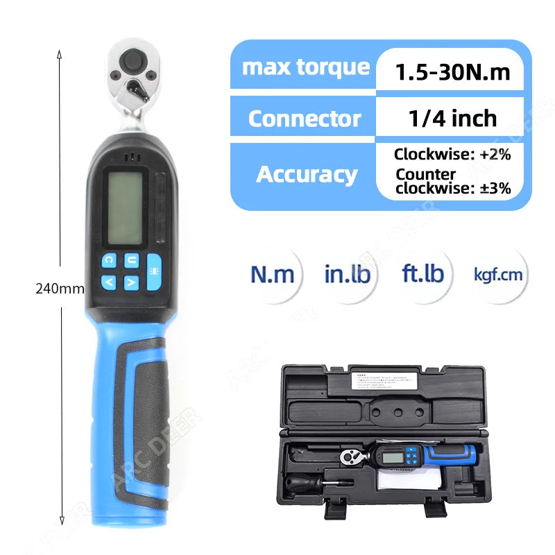 ARC DEER Digital Torque Wrench – Peak + Track Mode – Data Storage – ±2% CW – LED + Buzzer – 1.5–60 Nm – from $129