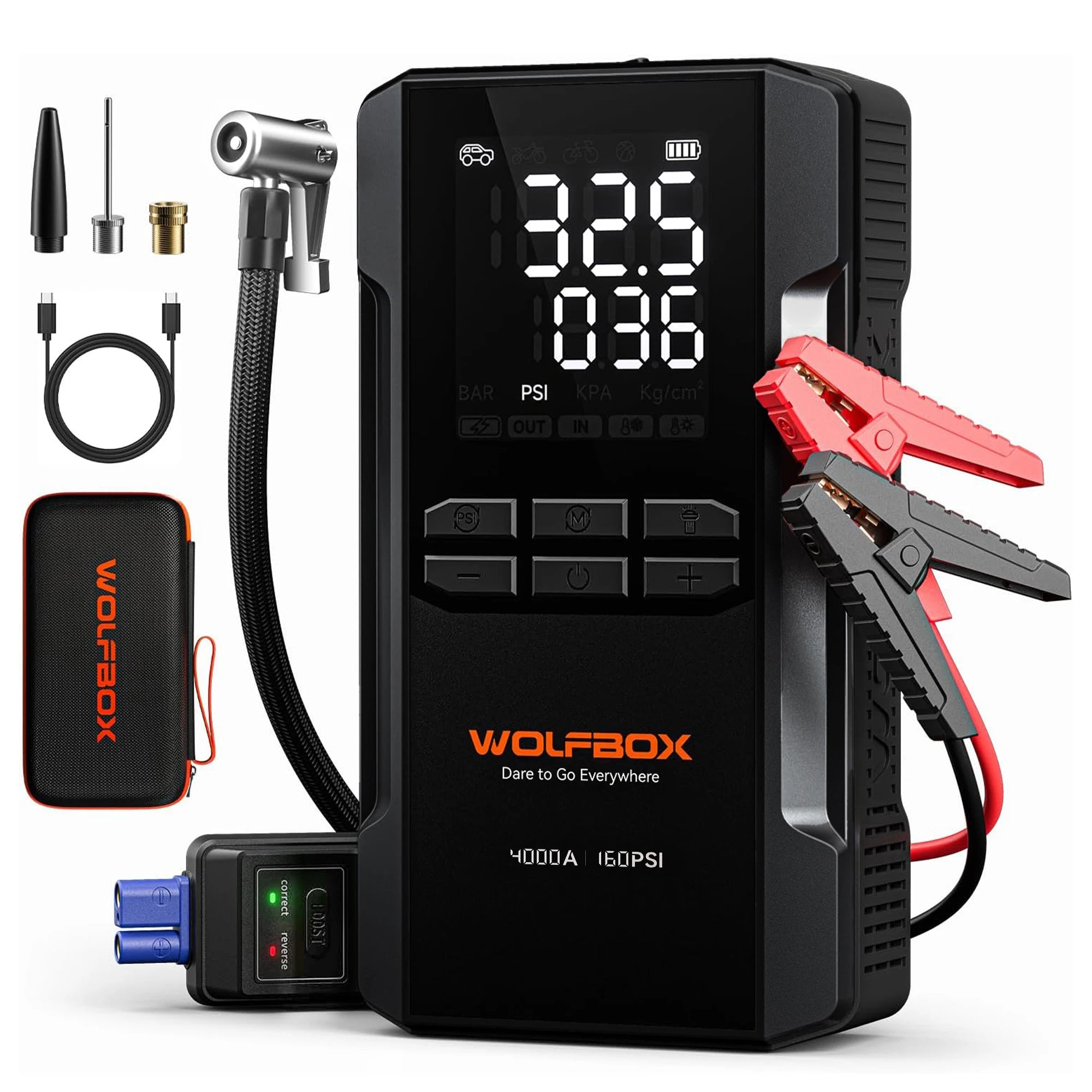 WOLFBOX JS24AIR Motorcycle Jump Starter 4000A with 160PSI Air Compressor 88.8Wh Portable Jump Box Tyre Inflator LED Light 12V (10L Gas / 10L Diesel)