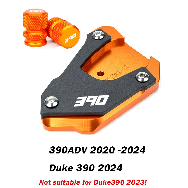 For KTM Duke390 RC390 390 Adventure Duke RC 390 Motorcycle CNC Kickstand Side Stand Enlarge Pad Extension Plate Tire Valve Caps – Aluminum Grey Black Orange Combo 1pcs 2pcs 3pcs