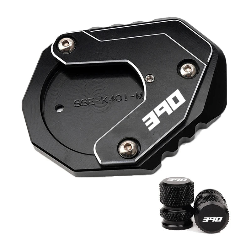 For KTM Duke390 RC390 390 Adventure Duke RC 390 Motorcycle CNC Kickstand Side Stand Enlarge Pad Extension Plate Tire Valve Caps – Aluminum Grey Black Orange Combo 1pcs 2pcs 3pcs