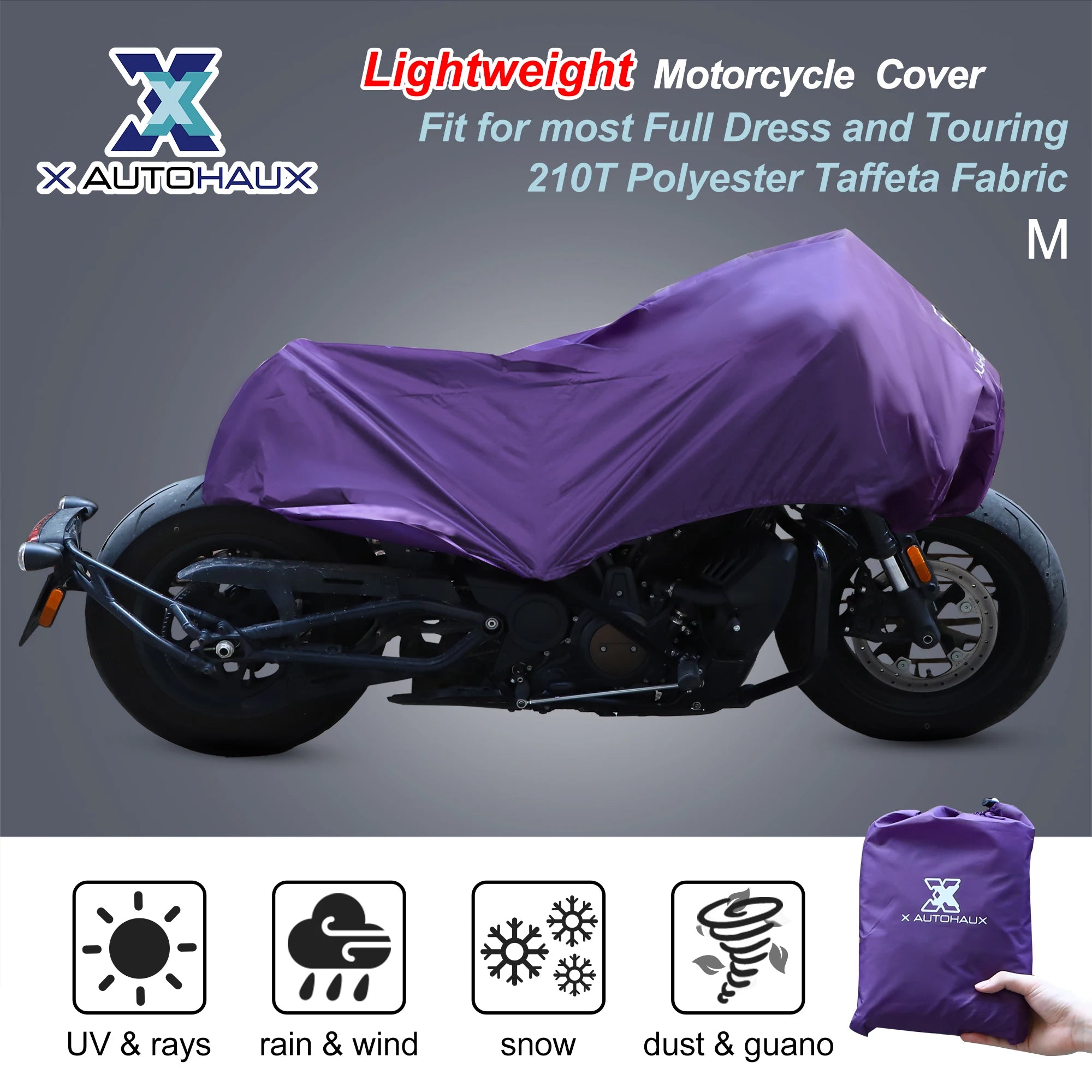 X Autohaux M L XL Motorcycle Cover Lightweight Half Cover Outdoor Waterproof Rain Dust Protector for Most Full Dress Touring – 210T Polyester Fabric Orange Silver Tone Purple Fitting Straps Storage Bag