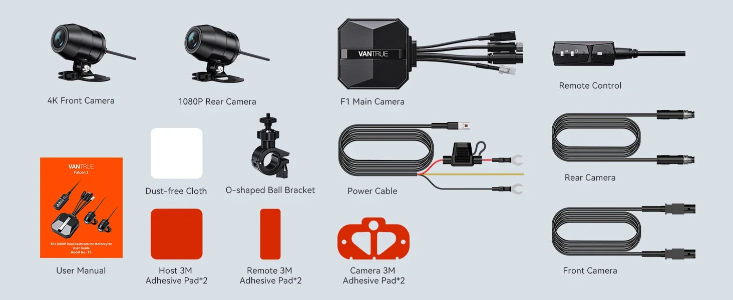 Vantrue F1 Motorcycle Dash Cam 4K Front 1080P Rear IP67 Waterproof WiFi GPS 160° 24H Parking Mode Wired Remote Motorcycle Camera DVR STARVIS OTA 18-Month Warranty