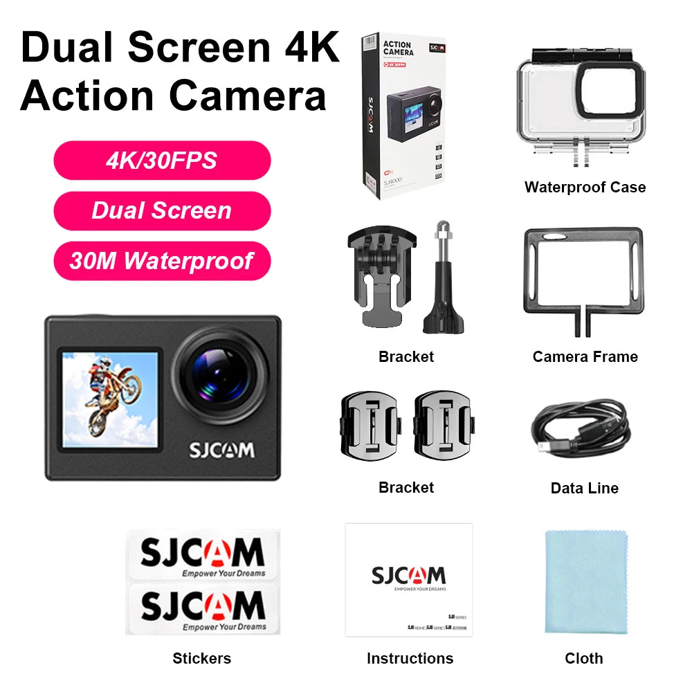 SJCAM SJ4000 Dual Screen 4K 30fps Action Camera 2.0" Rear + 1.3" Front Screen 170° Wide-Angle 30M Waterproof 2.4G WiFi Anti-Shake Car Mode Loop Recording Sports Camera for Motorcycle Bicycle Helmet Diving