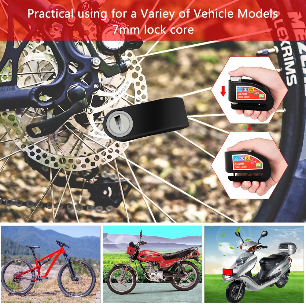 Motorcycle Bicycle Lock Alarm Safety Protection Padlock Disc Aluminum Alloy Anti-Theft Reminder Rope Lock Bag Motorcycle Accessories – Vibration Alarm Key Lock Black Silver Red