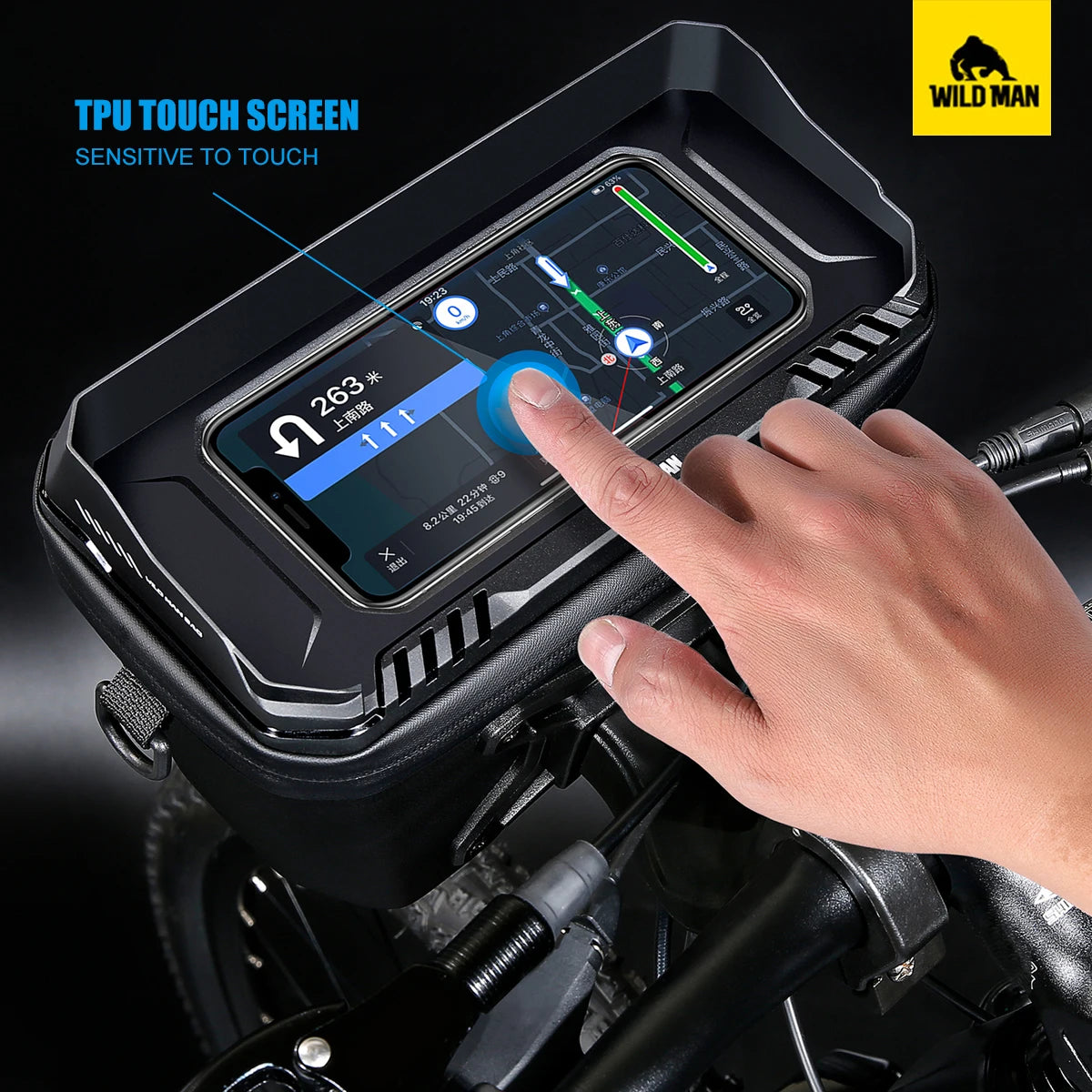 WILD MAN Waterproof Bike Phone Pouch – Touchscreen EVA Hard Shell Handlebar Bag for Bicycles & Electric Scooters