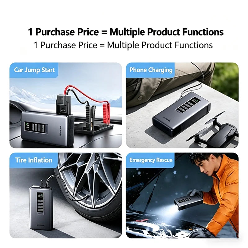 UGREEN ES703 4-in-1 Motorcycle & Car Jump Starter 10000mAh with Tyre Inflator Air Pump Power Bank LED Light