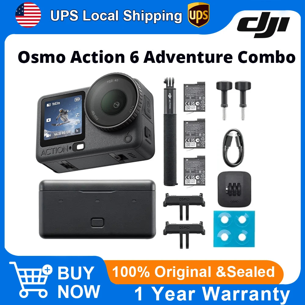DJI Osmo Action 6 Adventure Combo 8K Waterproof Action Camera Variable Aperture f/2.0 HorizonSteady 360° 20m Underwater 50GB Built-in Storage Dual Mic Gesture Voice Control for Travel Motorcycle Vlog