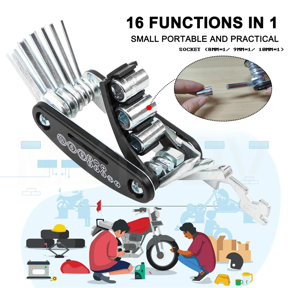 RVICHMOTO 16-in-1 Motorcycle Multi-Tool Kit – Allen + Socket + Flat Wrench + Screwdriver + Spoke Tool + Extension Rod – $20