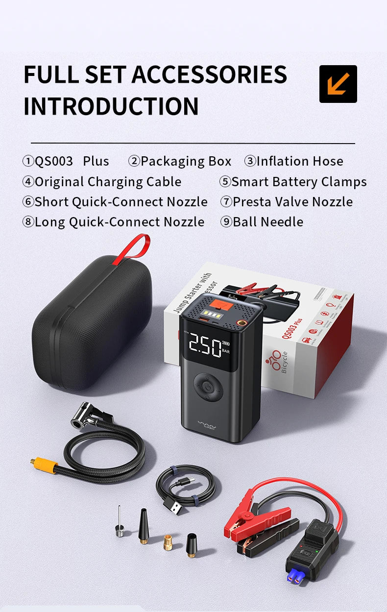 BASEUS QS003 Plus 4-in-1 Jump Starter – 12V 1000A with 150PSI Air Compressors, LED Light & Power Bank
