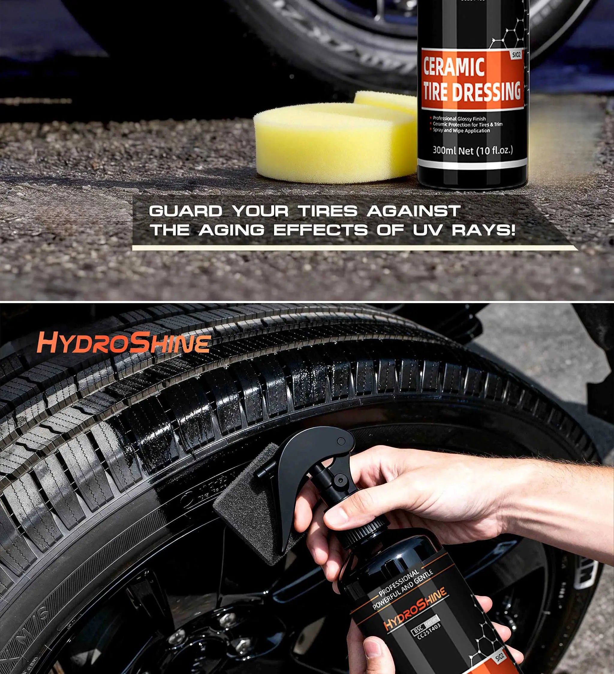 Hydroshine Ceramic Tire Dressing – Black Wet Look Tire Shine Deep Glossy Finish UV Protection Long-Lasting – 50ml / 100ml / 300ml – $14–35