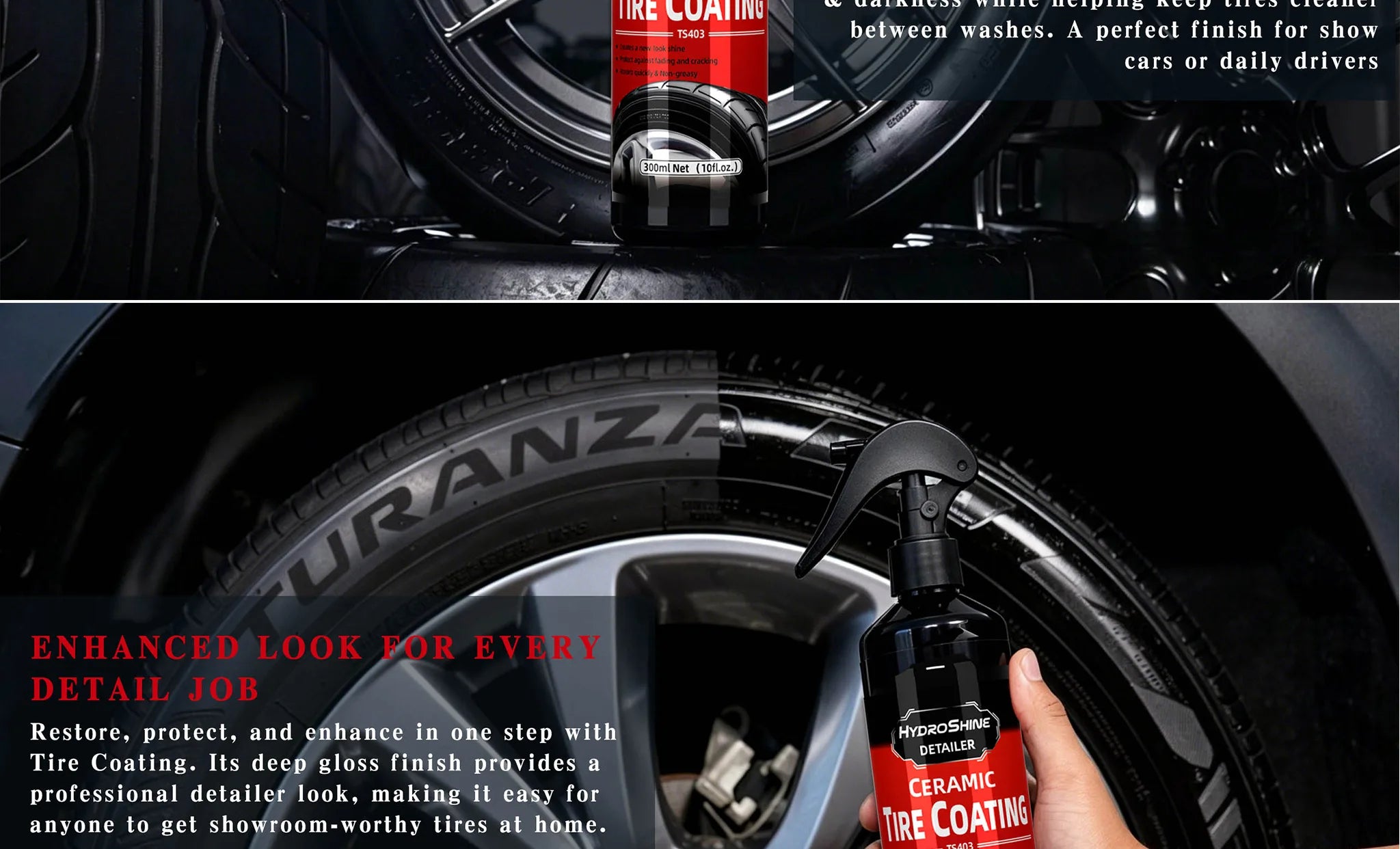 Hydroshine Ceramic Tire Coating Shine Spray – Tyre Gloss Plastic Rubber Restorer Hydrophobic Seal Wax – 50ml / 100ml / 300ml – $16–40