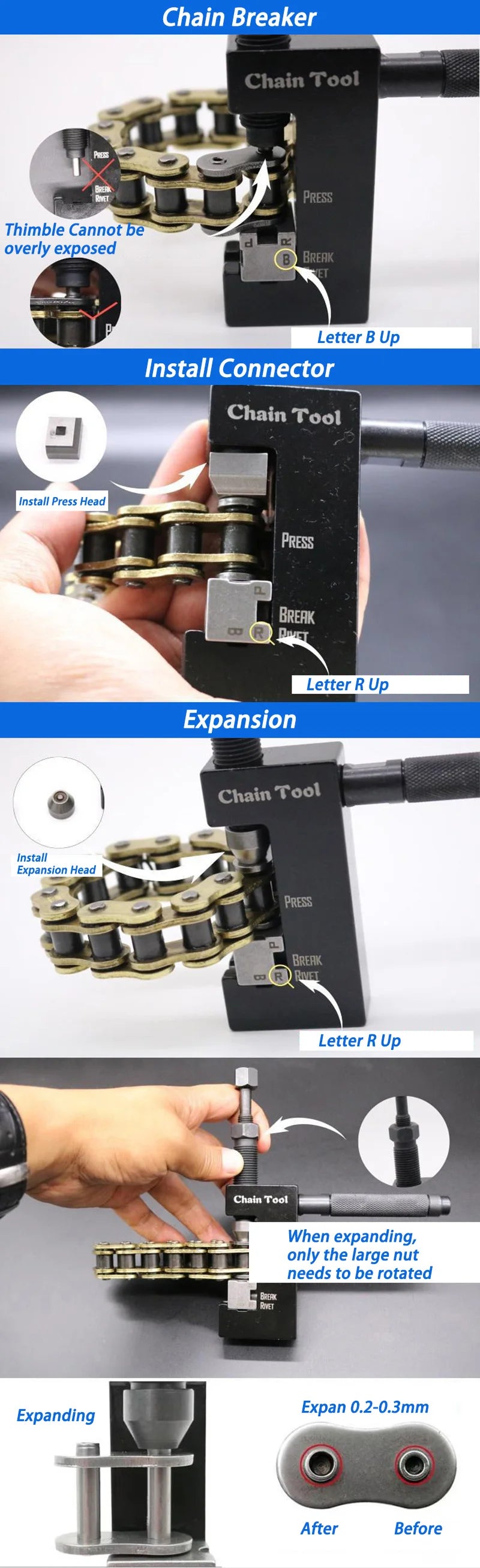 Motorcycle Chain Breaker & Riveting Tool Set – 520 / 525 / 530 Chains – Carbon Steel – Blue – $55
