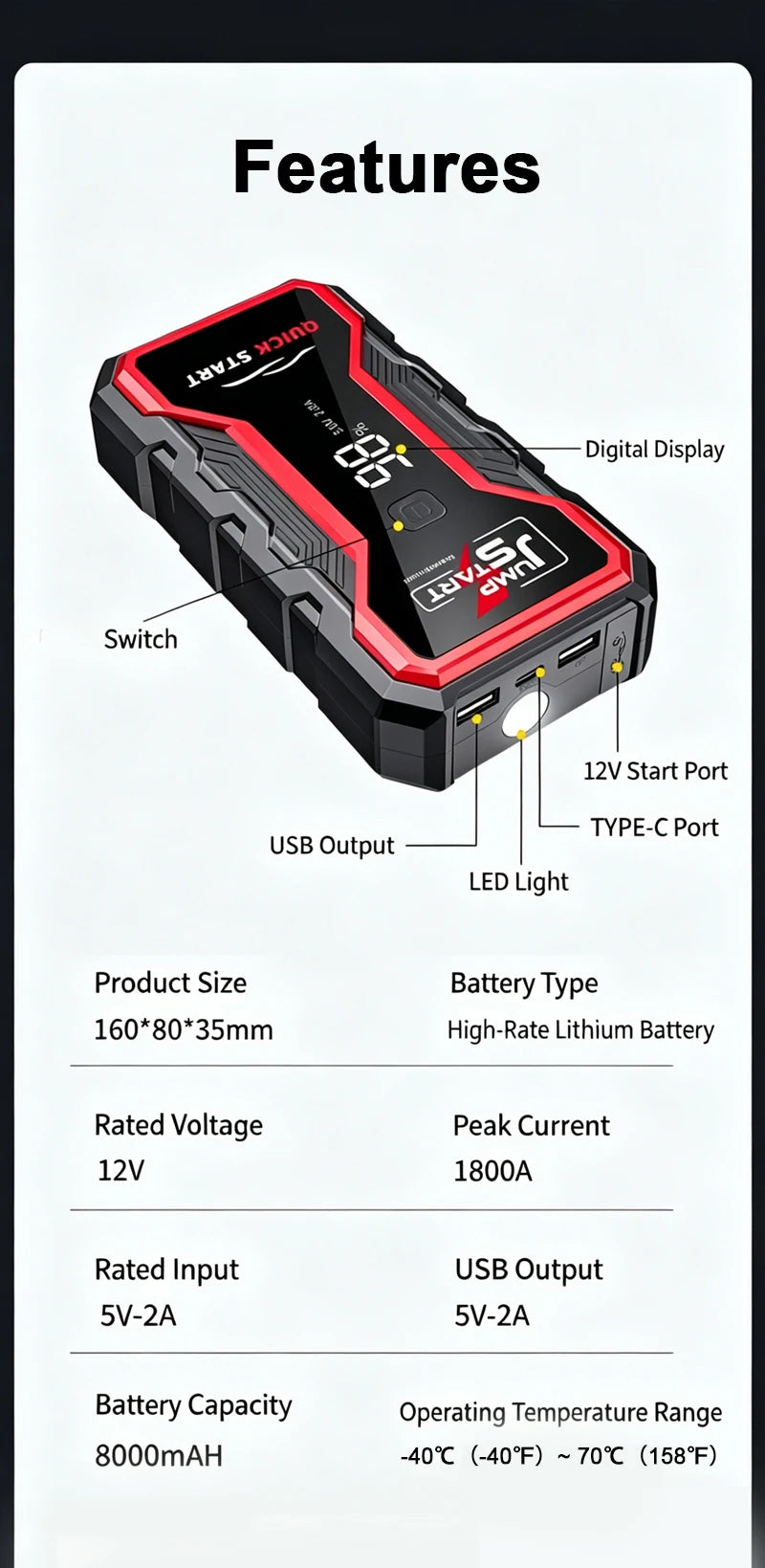 1800A Jump Starter Power Bank Portable Car Battery Booster 12V Auto Emergency Starting Device for Motorcycle Car Truck