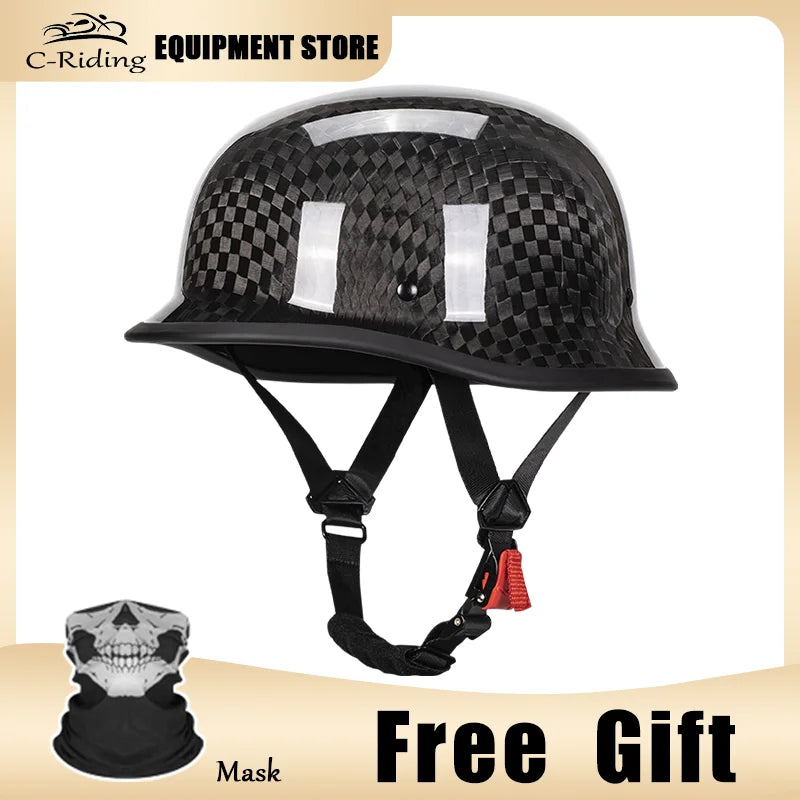 Carbon Fiber Helmets – DOT Certified 12K Carbon Fiber Half Face Motorcycle Helmet, Vintage German-Style Cruiser