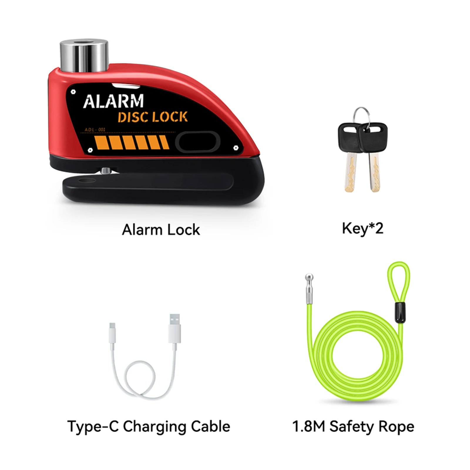 Extractme Motorcycle Alarm Disc Brake Lock 120dB Bicycle Wheel Disk Padlock Security Anti-Theft Lock Scooter – USB-C Rechargeable – 7mm – With or Without Rope – Red Black Blue Green Yellow