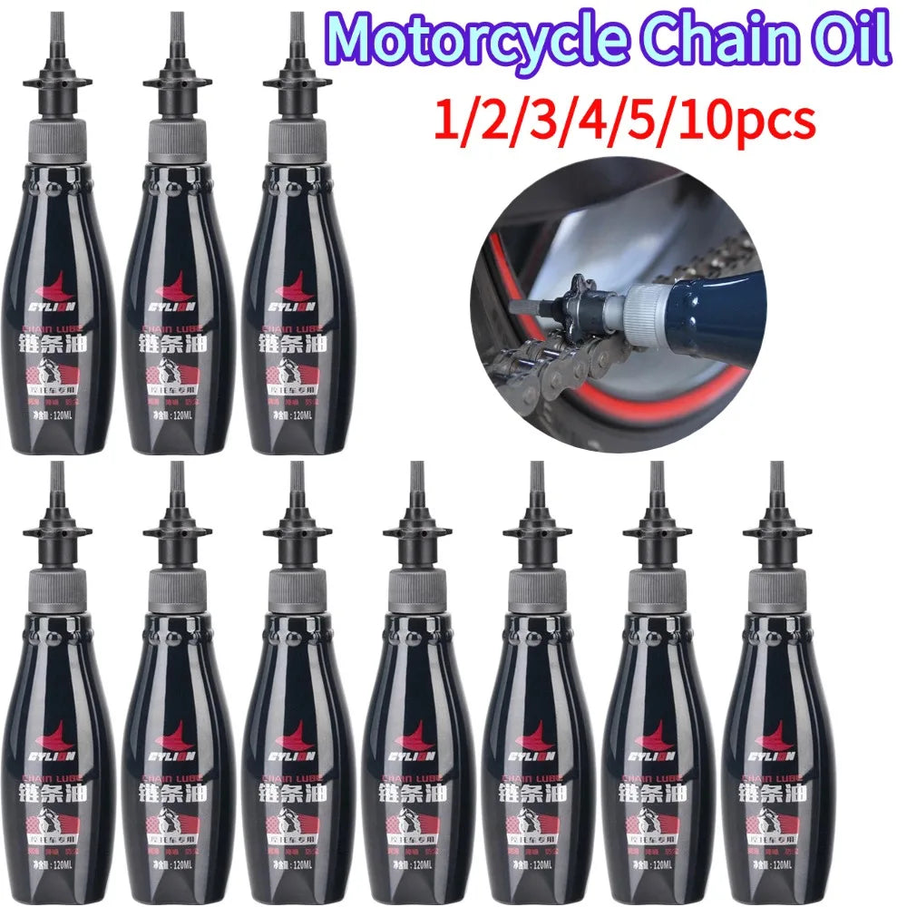 Motorcycle Chain Lubricant Oil 120ml – Anti-Rust Anti-Wear Dust-Proof High-Temp – On-Road & Off-Road – 1 / 2 / 3 / 4 / 5 / 10 Bottle Bundles – $25–128